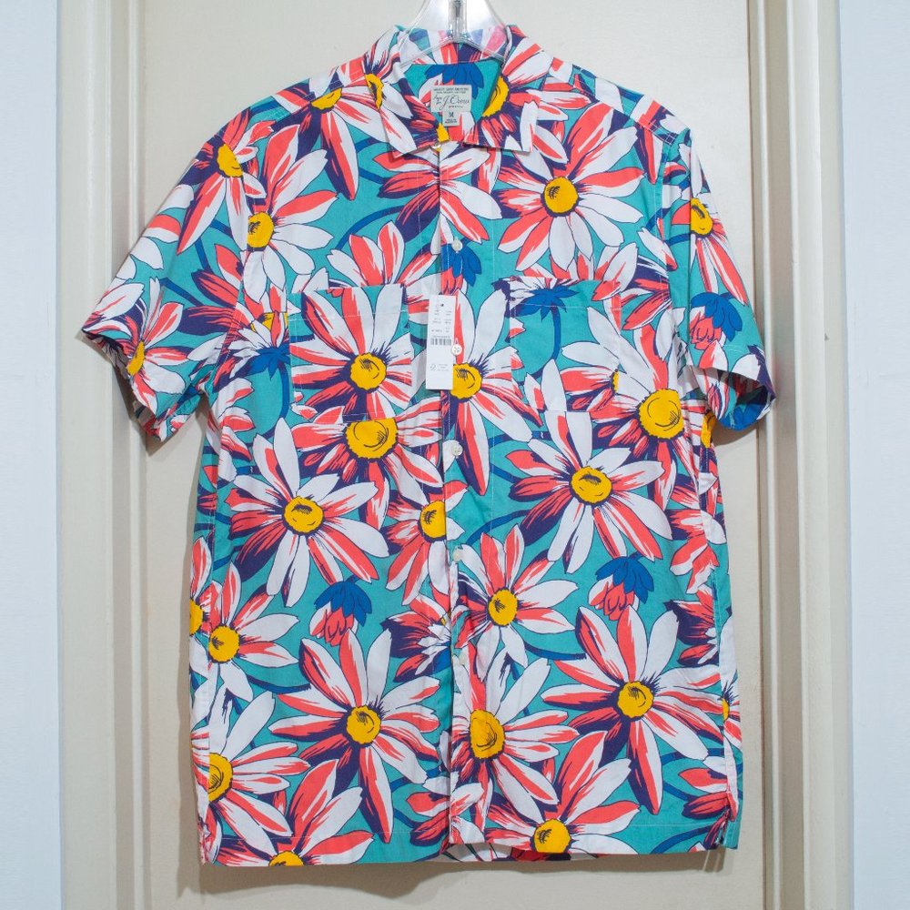J. Crew Teal Floral Button-Down Shirt with White, Red & Yellow Daisy Print